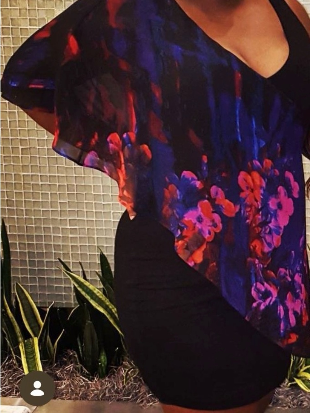 Floral Overlay Cold-Shoulder Women's Dress in Black and Purple